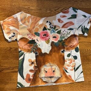 Floral Cow Graphic Tee in White, Brown & Pink